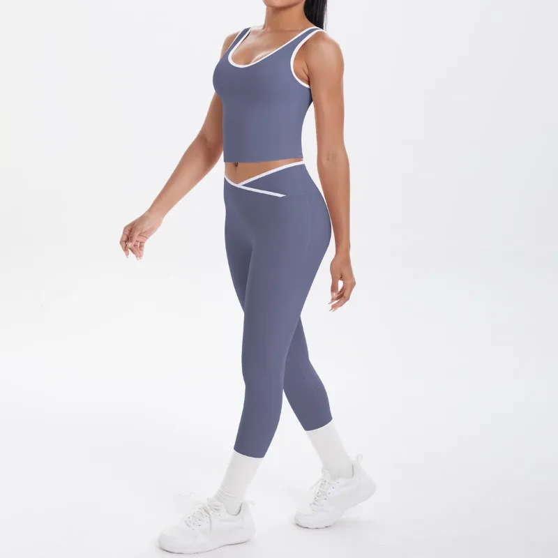 

New Women's Yoga Set Nude Color Contrast Sports Vest Cross High Waist Hip Lift Tight Pants Running Sports Fitness Set