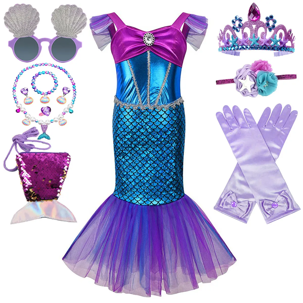 Ariel Girl Little Mermaid Costume Halloween Kid Dress For Girls Children Carnival Birthday Party Clothes Cosplay Mermaid Dress