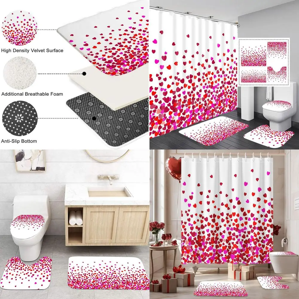 

4-Piece Valentine's Bathroom Set: Red & Pink Heart Shower Curtain, Rugs, Lid Cover, Bath Mat with Hooks