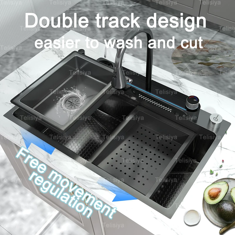 Stainless Steel Kitchen Sink With Waterfall Multifunctional Large Single Slot Embossed Vegetable Dishwashing Wash Basin