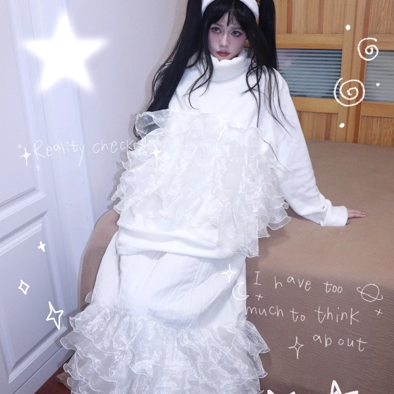 Otoño Invierno blanco nuevo terciopelo granular encaje cuello alto mujer Top diseño Original versátil manga larga bolsillo sudadera chica