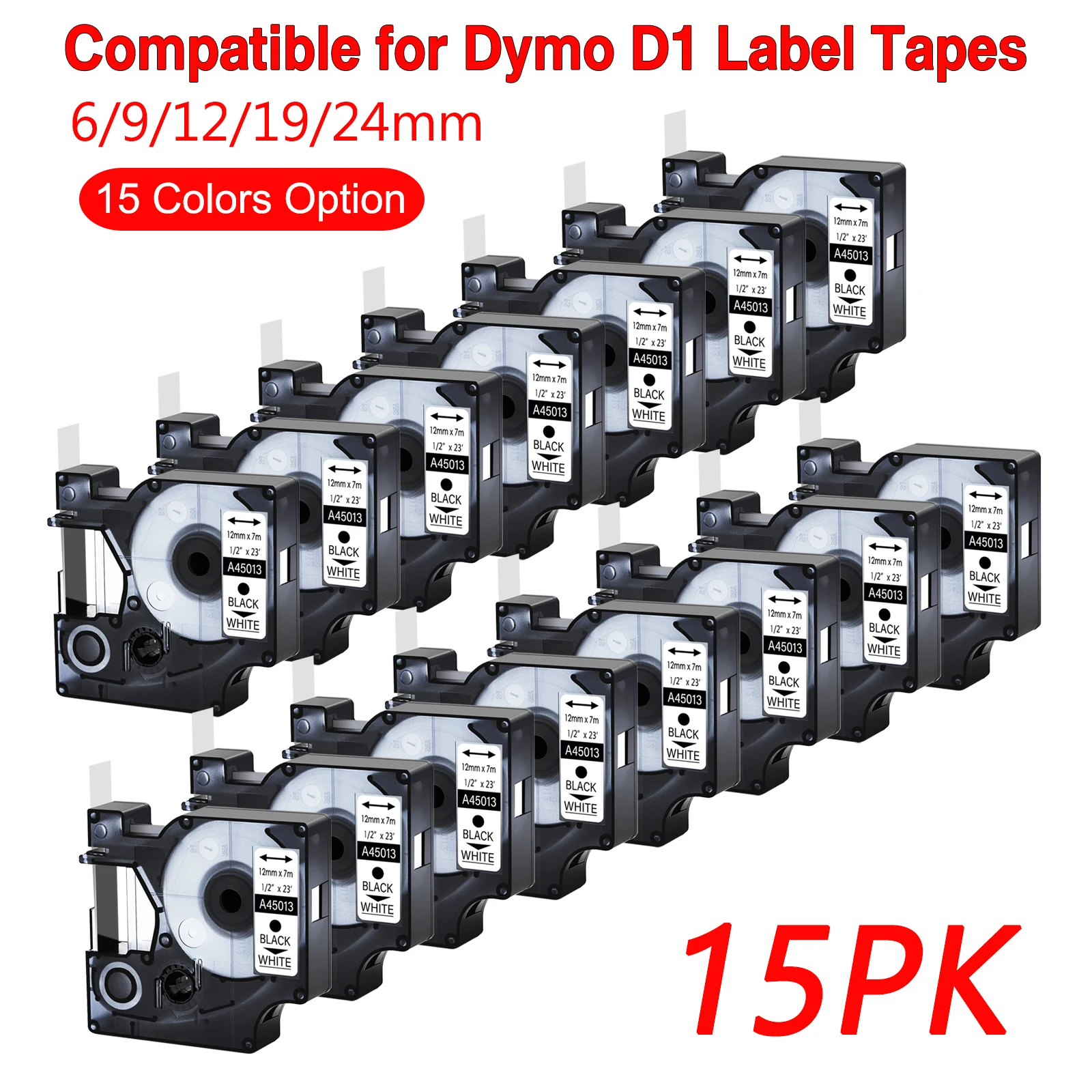 15PK Multicolor Label Tape 45013 40913 43613 45018 45016 Compatible for Dymo D1 Label Tapes for Dymo LM160 LM280 53713 45010