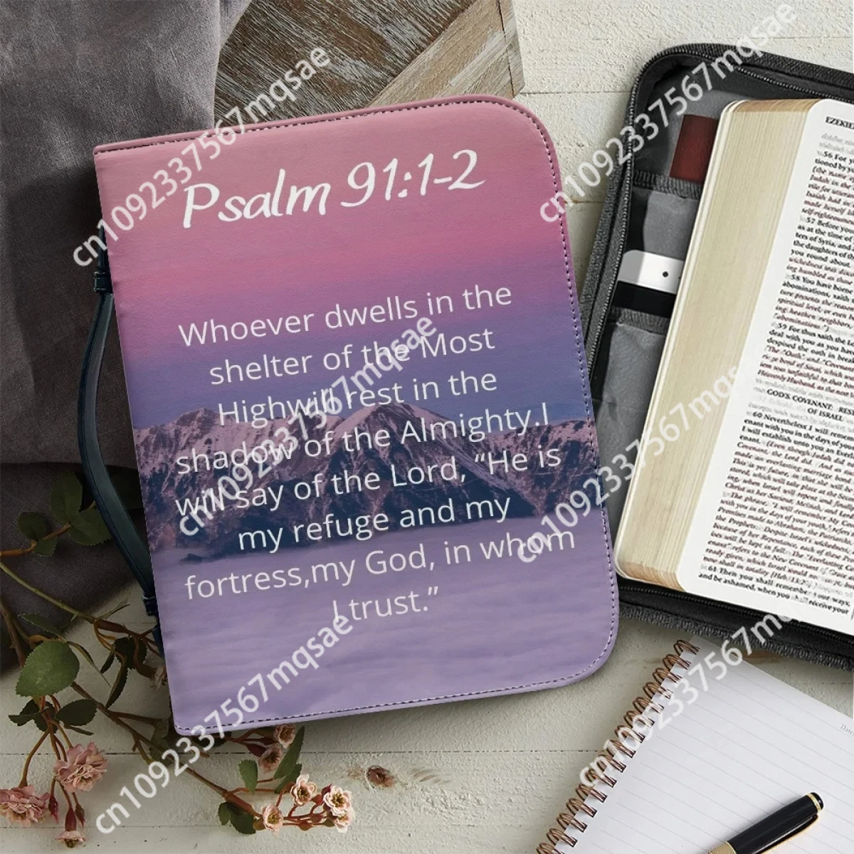 

Bible Verse Excerpt Print Leather Cover Case for Women Church Gather Handbag Zippered Handle Bible Storage Bags Bible Bag