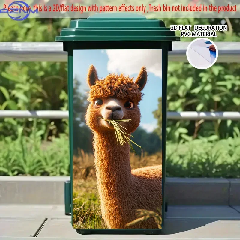 Self-Adhesive Dustbin Sticker - Cute Alpaca Design with Curly Fur & Big Eyes, , Soft Blurred Outdoor Background, Durable PVC M