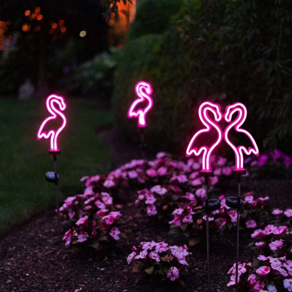 Neon Flamingo Pineapple Solar Garden Stake Lights Outdoor Pathway Light for Lawn Patio Yard Walkway Neon Pink Lighting Decor