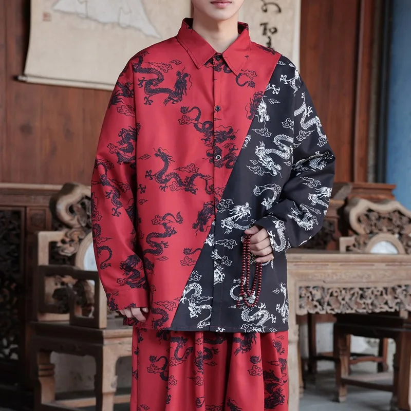 

Hip Hop Street Dance Wear Dragon Pattern Tang Suit Hanfu Style Shirt Men Red Chinese Style Performance Costume for Men