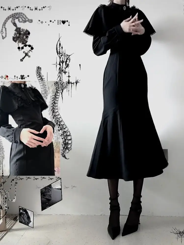 Halloween Vampire sous-culture Style gothique foncé à manches longues robe cape femmes automne Y2k mode moulante sirène longue robe 2025