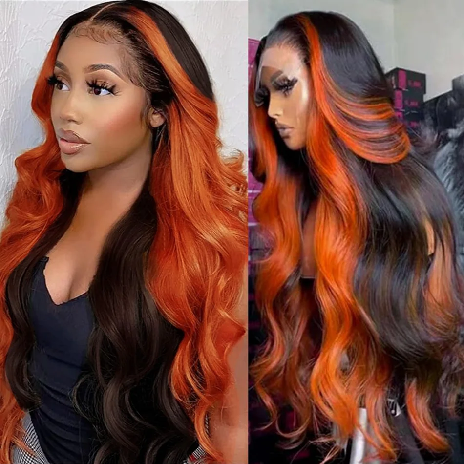 Highlightspruik van mensenhaar 13x6 HD kantfrontpruik zwart gemberkleurig body wave kantfrontpruik voorgeplukt Braziliaans 250 density