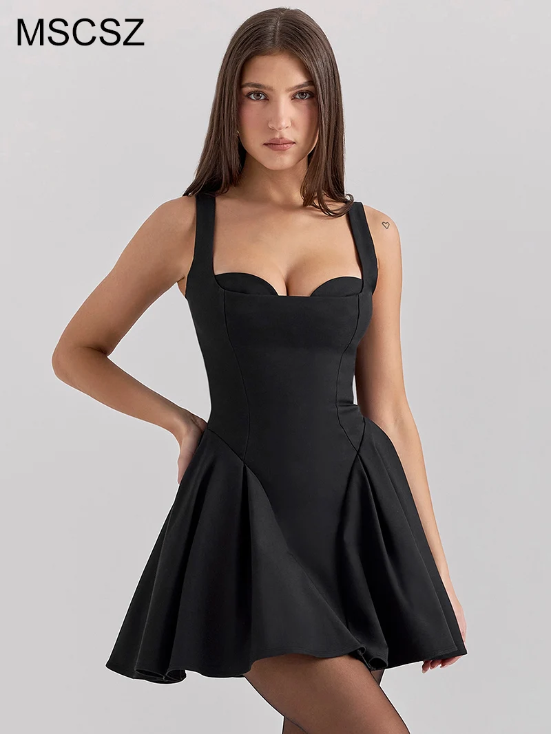 

MSCSZ Sweetheart Neckline Backless Sexy Mini Dress Women Pleated A-Line Short Summer Dress Elegant Little Black Dress For Women