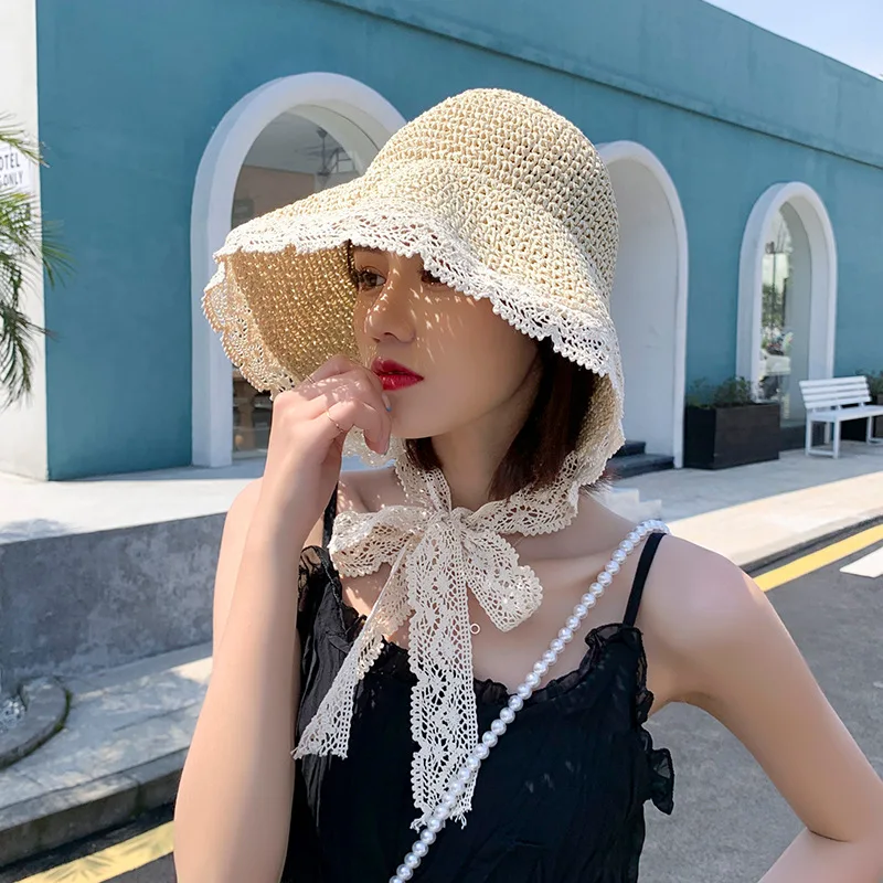 Spring and Autumn Fashion Hat Children's Summer New Internet Famous Lace Chain Strap Straw Hat Beach Sun Hat