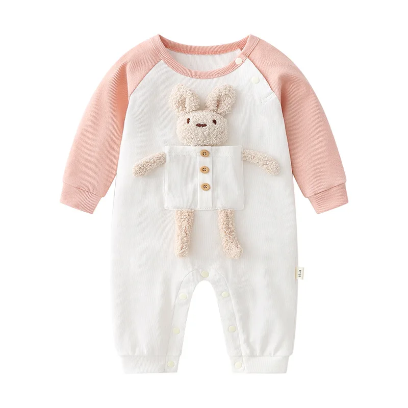 

New Spring Autumn Newborns Girls Jumpsuit Long Sleeved Patchwork Sleeves Bear Baby Girls Rompers Infant Girls Bodysuits