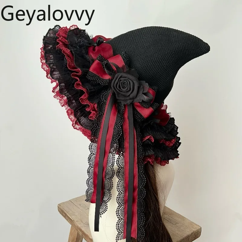 النمط الياباني لوليتا القوطية الظلام نمط قبعة الساحرة عيد الميلاد اليدوية تأثيري القوس الدانتيل وأشار قبعات الساحرة قبعات الفتيات الحلو