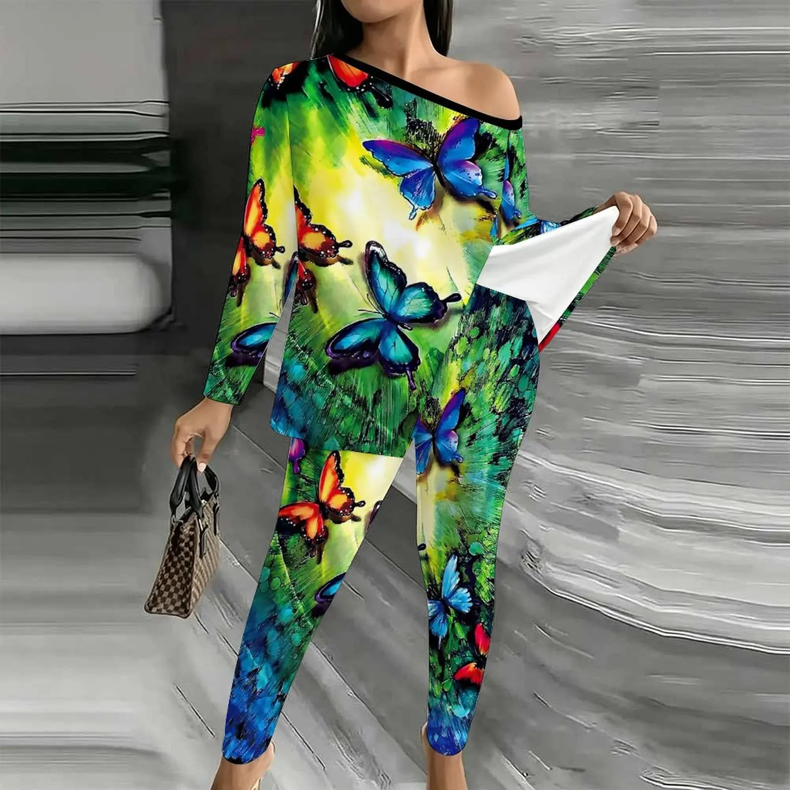 Women's Fashion Printed Jogging Pants Off Shoulder T-shirt Elegant Two-piece Set Autumn Winter Diagonal Collar Long Sleeved