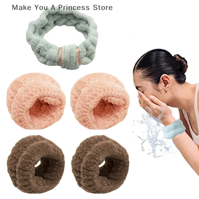 Wash Face Headbands For Women Coral Fleece Hair Bands Cuff Waterproof Bands Absorbent Wristbands Head Band Hair Accessories Set