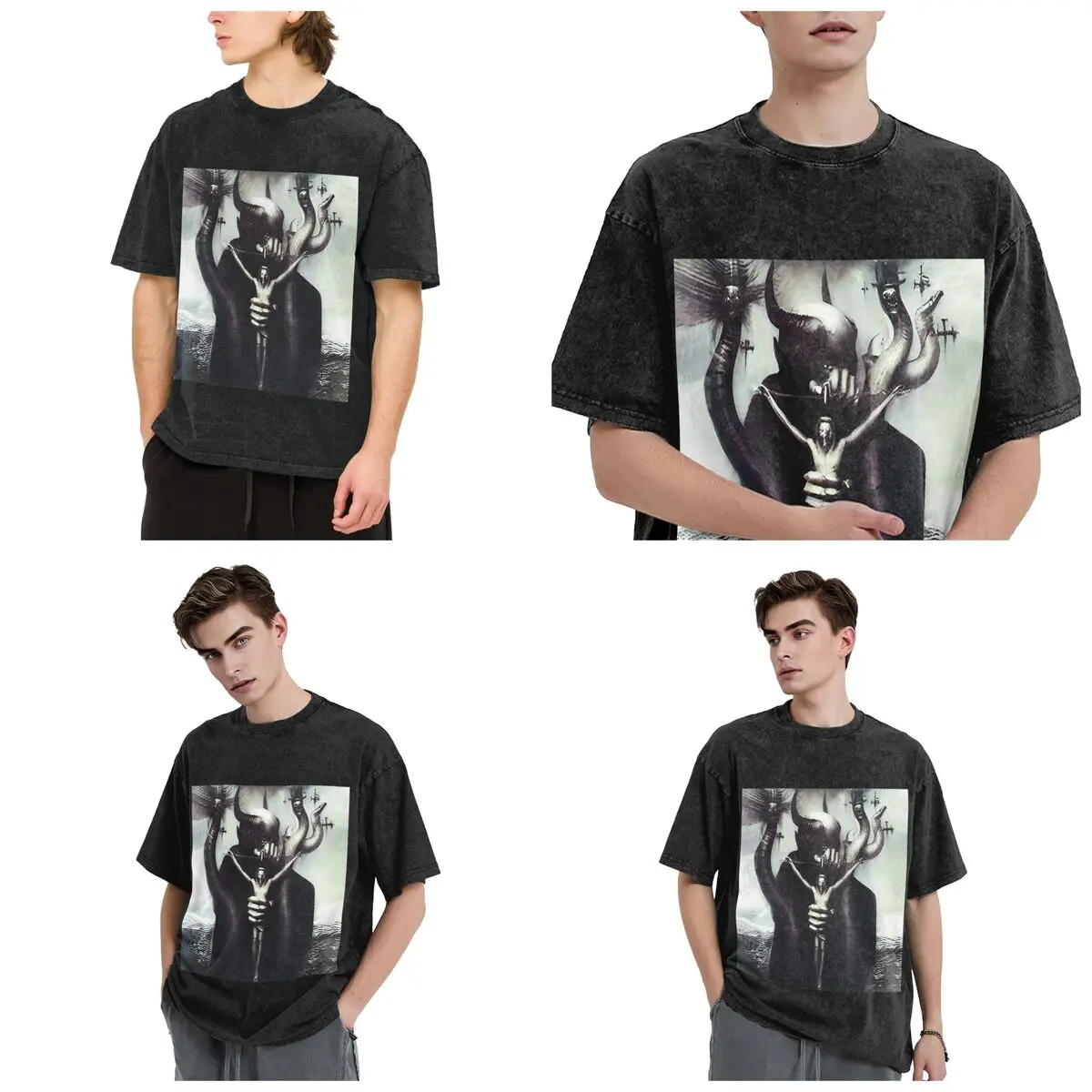 HR Giger Satan Hip Hop Short Sleeve T-Shirts Washed Tops Tees Streetwear T Shirt Harajuku for Men woman