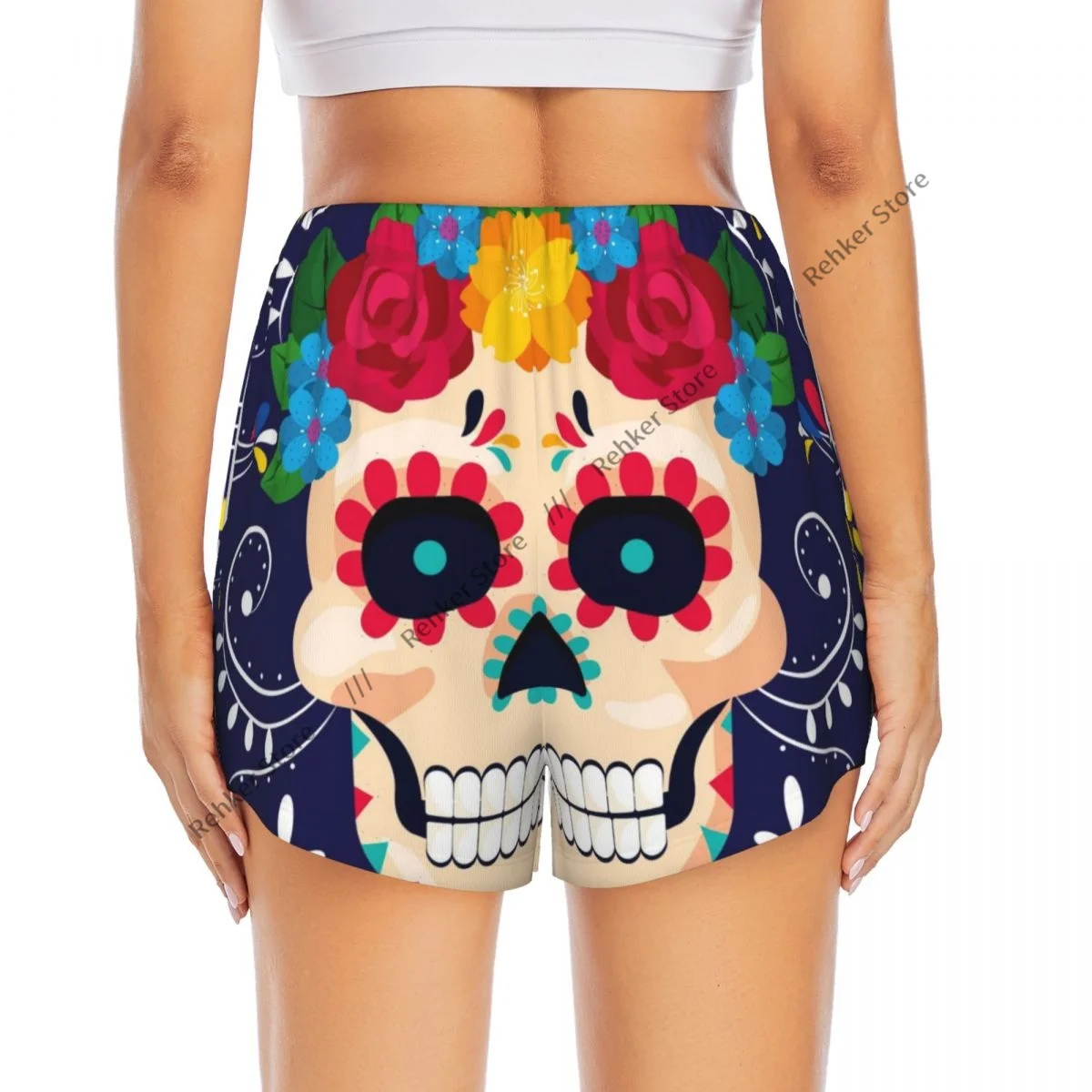 운동 반바지 여성 피트니스 빠른 건조 더블 레이어 반바지 해골 꽃 멕시코 운동 요가 짧은 바지 체육관 레깅스
