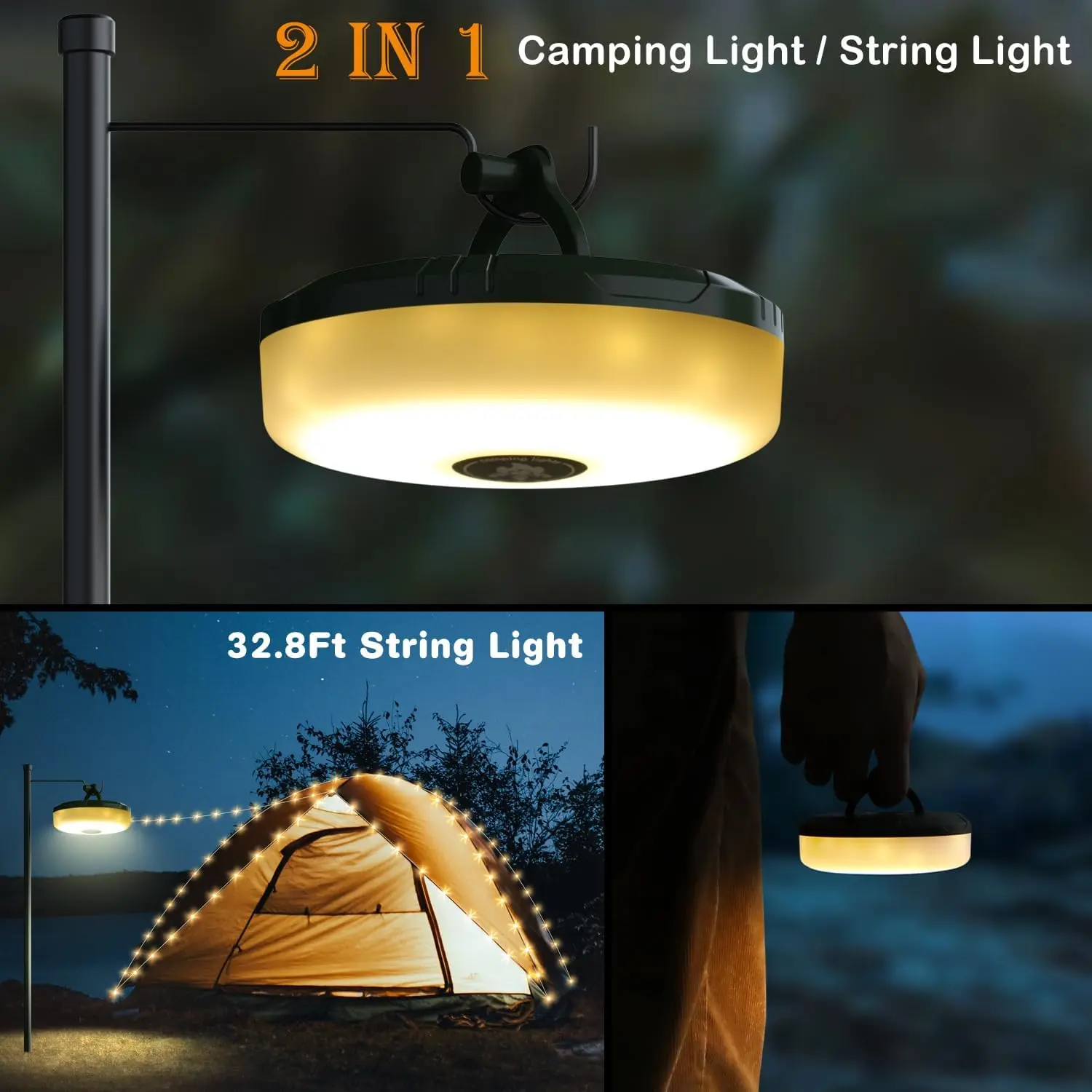 Camping String Lights 2 in1 Outdoor Waterproof Portable Stowable String Light with Lighting Modes USB Camping Lights for Hiking