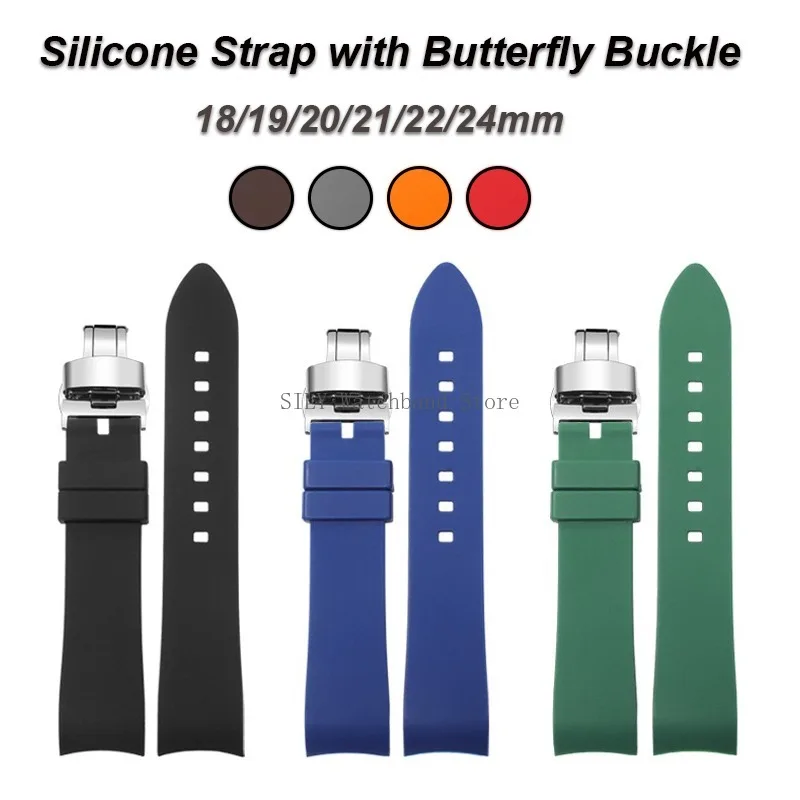 Soft Rubber Watch Band Universal Wristband with Butterfly Buckle Curved End Silicone Bracelet for Rolex Water Ghost Watch Straps