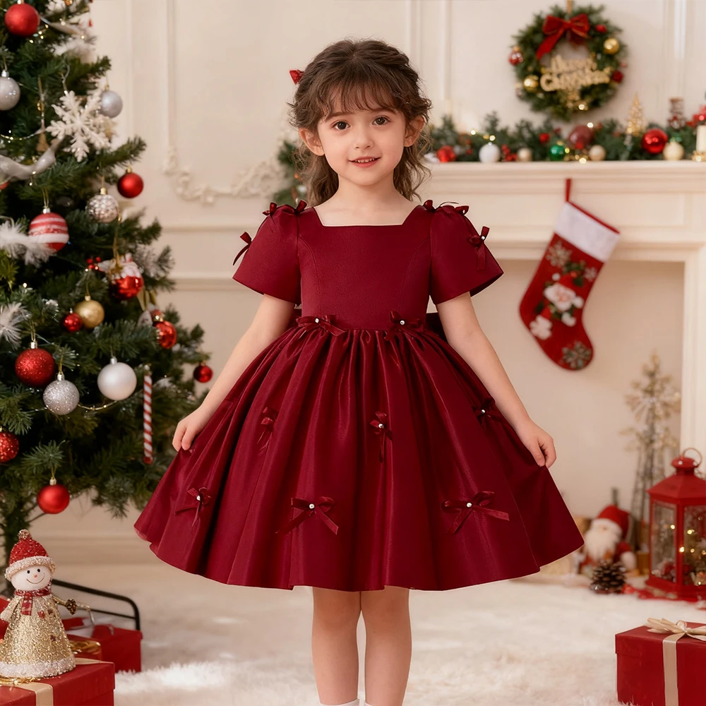 

Fashion Kids Bowknot Red Dress For Christmas New Year Dress For Girls Elegant Party Dresses Children's Birthday Princess Dress