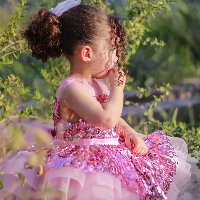 Girls Sparkling Sequin Princess Tutu Dress with Bow, Sleeveless Summer Sweet Strap Gown for Catwalk & Performance Girls Dresses