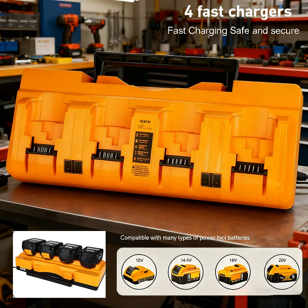 

4-Port Fast Charger for Power Tool Batteries - Compatible with 12V/14.4V/18V/20V Tool Batteries - Battery Charging Station