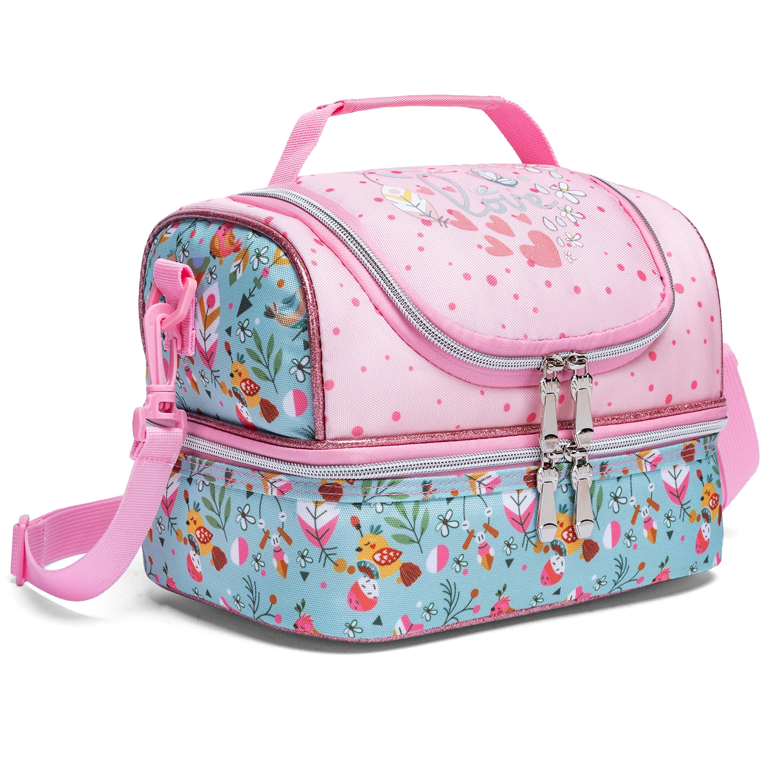 Reusable Girls Lunch Bag Washable Adjustable Strap Cute Design School Essential with Side Pocket for Water Bottle
