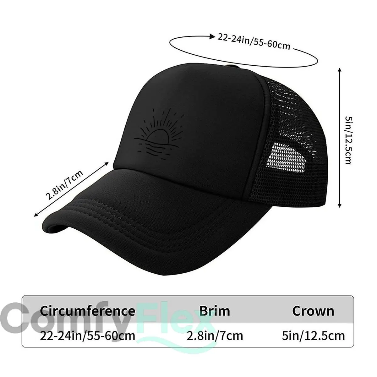 Minimalist Hand Drawn Sunrise Ocean Wave Line Art Mesh Baseball Cap Hip Hop