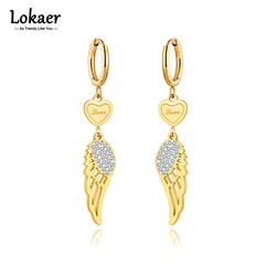 Lokaer Titanium Stainless Steel Love Heart Hoop Earrings Trendy Rhinestone Angel Wings Party Ear Jewelry For Women Girls E21174