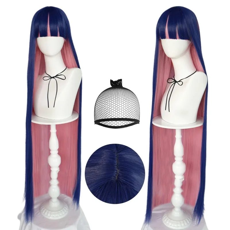 

Anime Stocking Anarchy Hair Cap+ Blue Mix Pink Wig Long Straight Wigs for Girl with Bangs Costume for Women Synthetic Hair Wigs