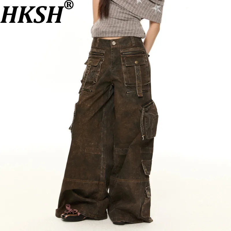 

Джинсы HKSH High Street: Модные повседневные джинсы унисекс с высокой талией, широкими штанинами, винтажный стиль, весна-осень-зима, HK20419