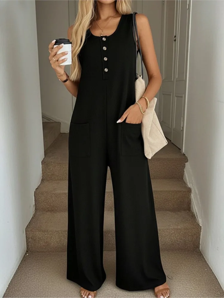 

2026 Fashionable O-neck Sleeveless Jumpsuit For Women Summer Elegant Solid Color Loose Casual Shoulder Straps Jumpsuit For Women