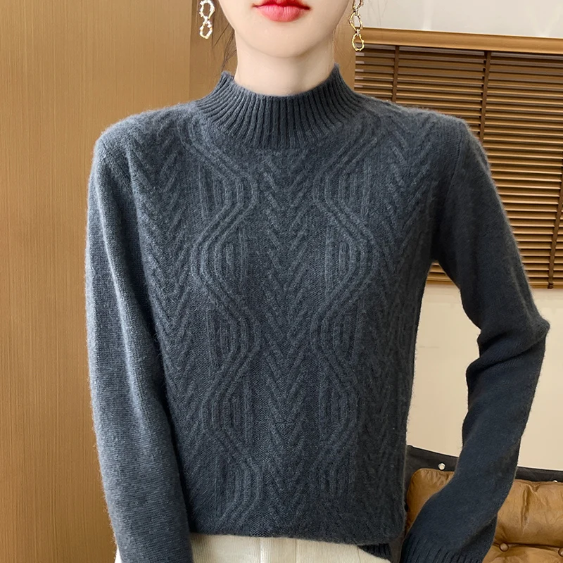 

Autumn And Winter Semi High Neck Thick Women's Knitted Wool Sweater Loose Long Sleeved Sweater Knitted Sweater Solid Color Top