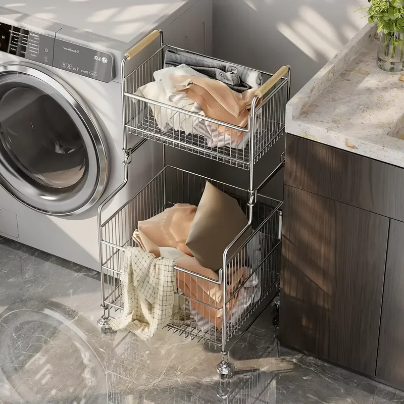 Modern 304 Stainless Steel Double Layer Laundry Basket with Wheels Eco Friendly Bathroom Storage Rack Removable Dirty Clothes