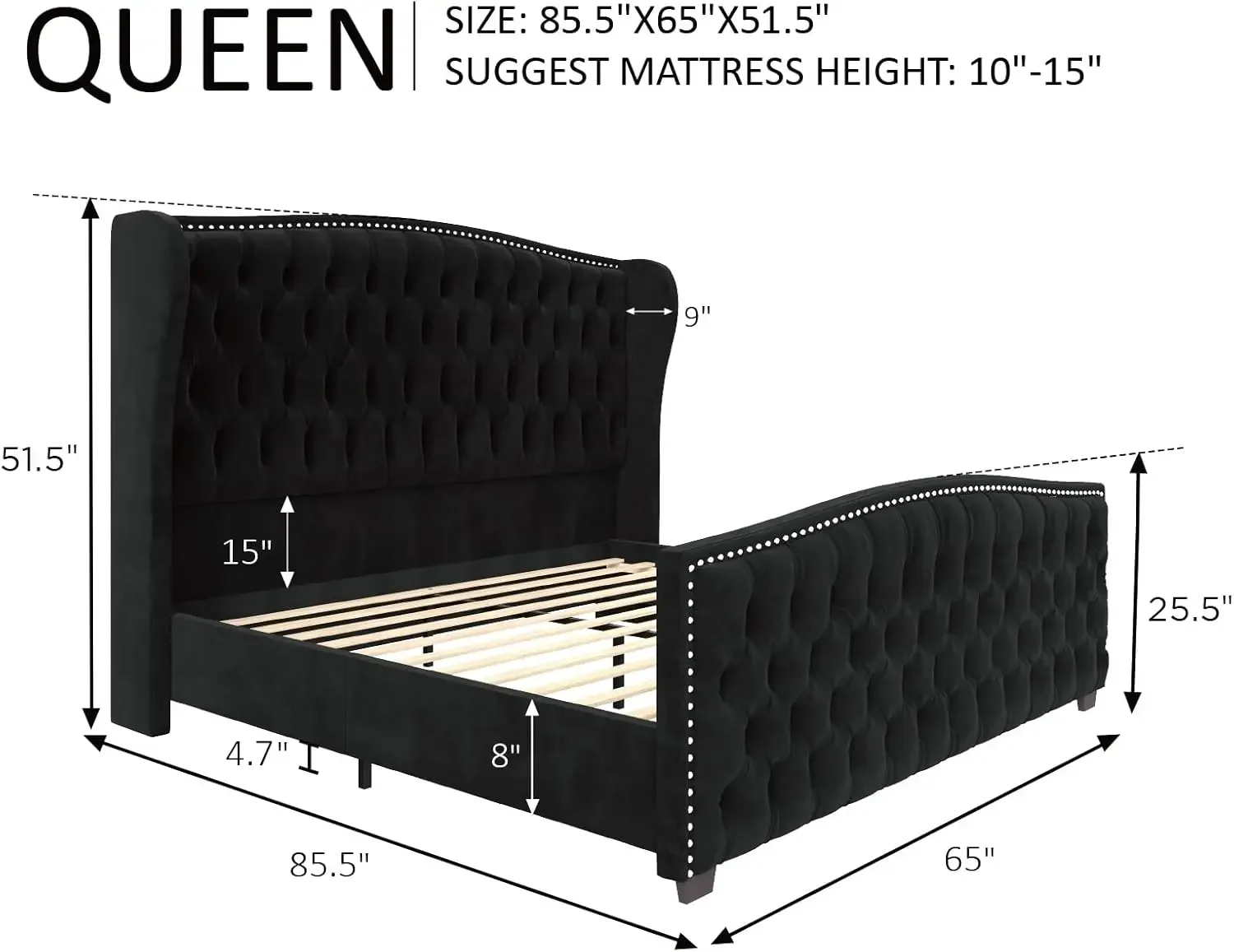 Large platform bed frame, velvet upholstered bed, deep button tufted and nail-head embellished wing back headboard