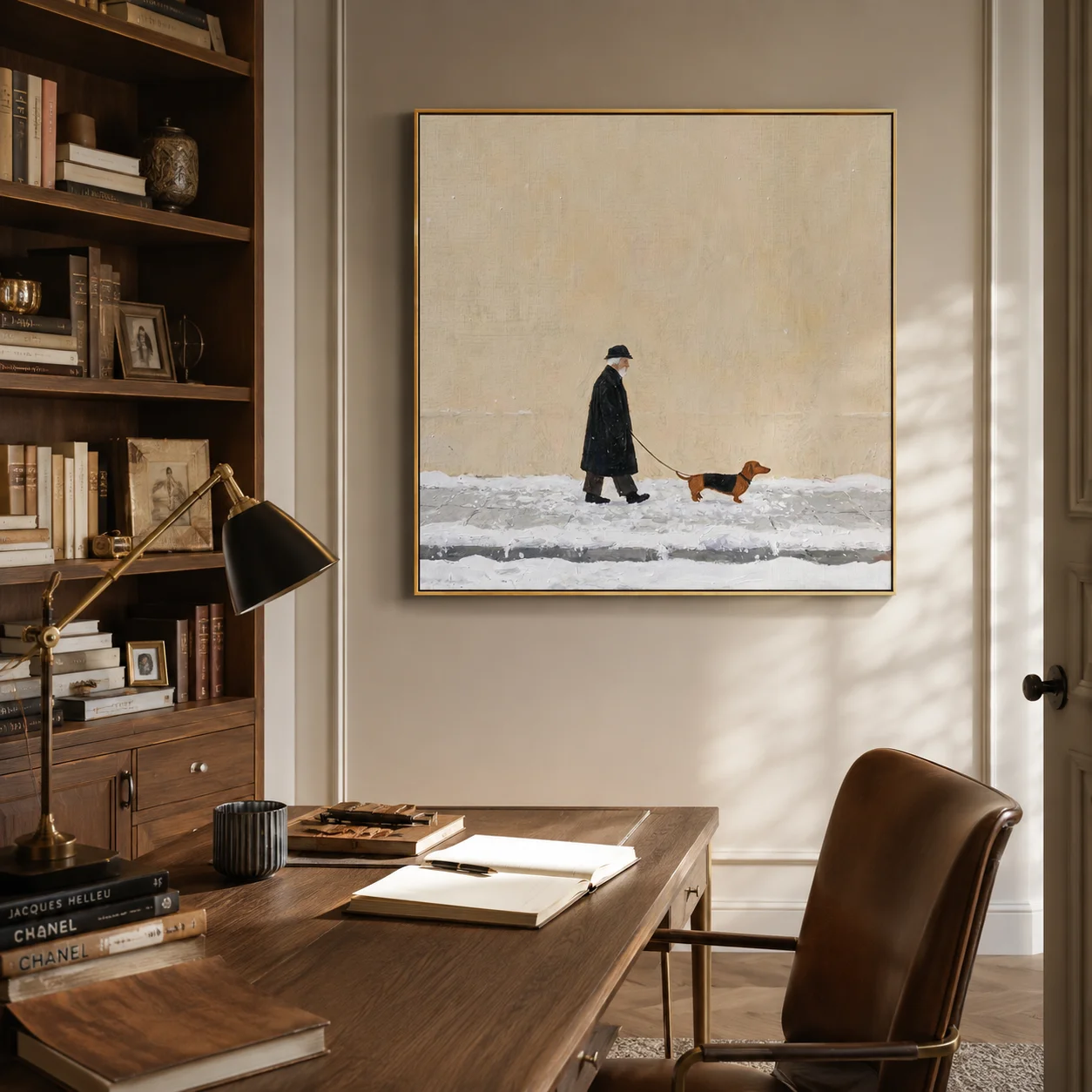 The First Snowfall – Wintry Folk Man & Dog Portrait Painting | Minimalist Square Entryway Art for Bedroom, Living Room, Office view 3