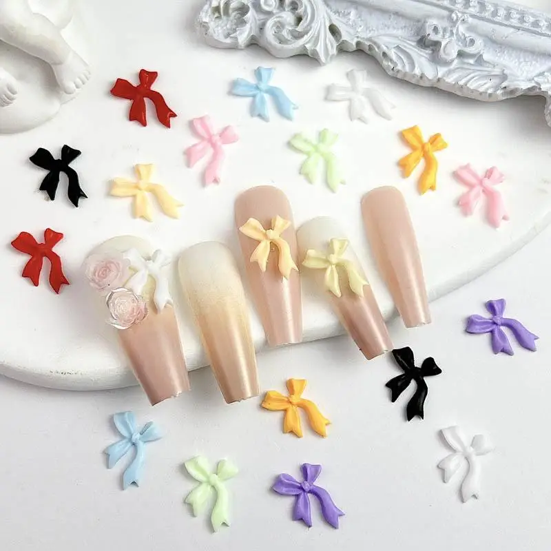 50Pcs Mixed Colorful 3D Ribbon Bow Nail Charms Kawaii Resin Bow Shaped for Nail Art Decorations Accessories DIY