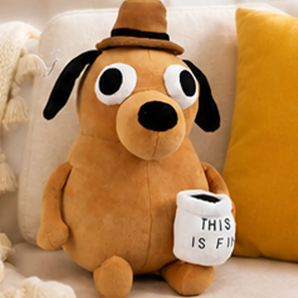 Funny This Is Fine Dog Plush Toy with Coffee Mug Soft Stuffed Animal Meme Doll Cute Gift for Kids Adults Home Decor