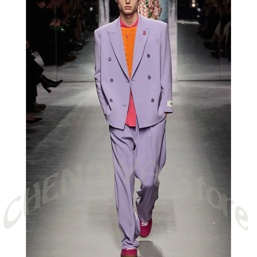 

Light Purple Men's Suit Custom Made Double Breasted Blazer Smart Casual Trouser Set Fashion Show Outfit for Prom Daily Work