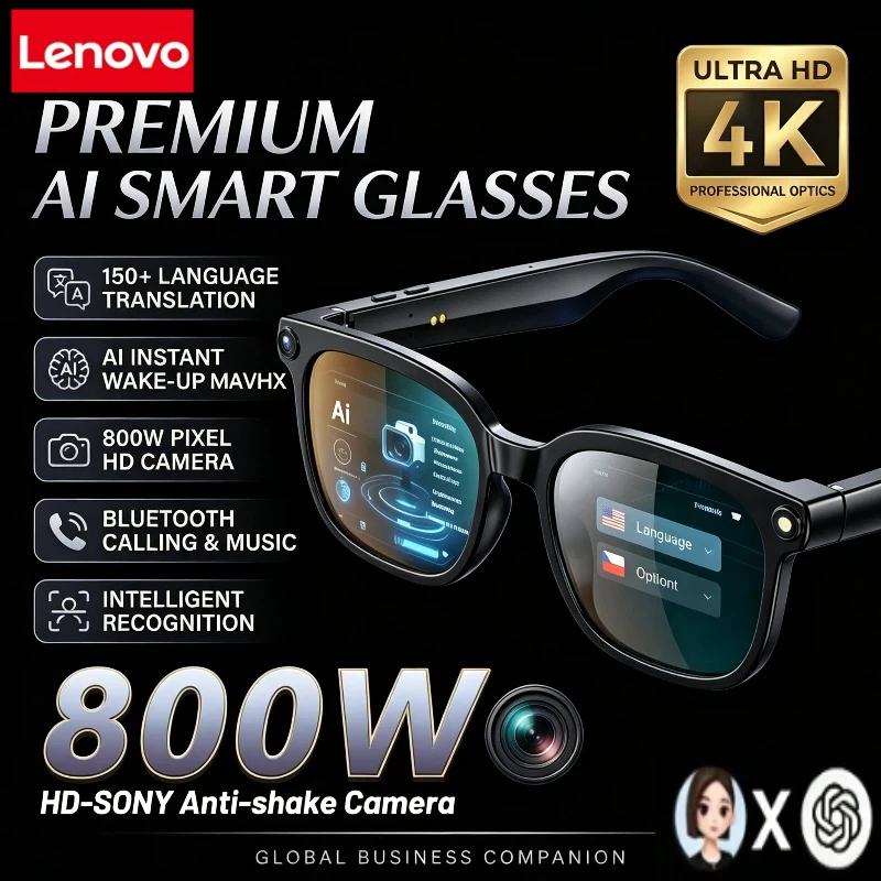 

Lenovo Smart AI Glasses 800W Shooting Camera HD Photo Video Voice Call Translation Waterproof Bluetooth AI Motorcycle Glasses