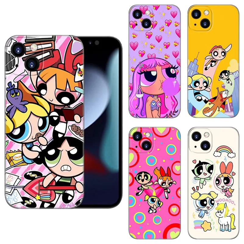 Cartoon P-Powerpuff-Girls Black Silicone Phone Case For Apple iPhone 12 13 Mini 11 14 15 16 Pro Max 7 8 Plus