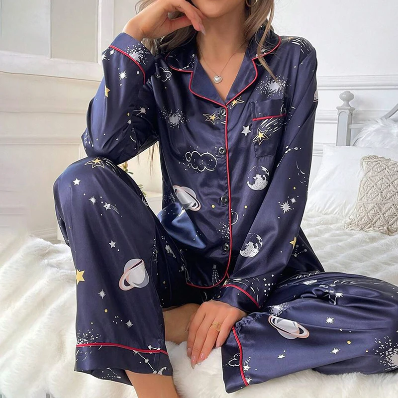 Women\'s Pajama Lounge Set Satin Long Sleeve Buttons Lapel Top and Pants Pajamas 2 Piece Sets Autumn Lady Sleepwear Home Clothing