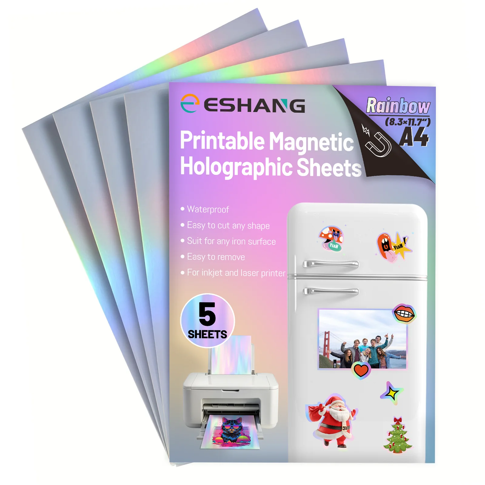 

5 Sheets A4 Printable Magnetic Holographic Rainbow Sheet for Inkjet Printer 8.3×11.7 Inch Magnetic Paper DIY Refrigerator Magnet