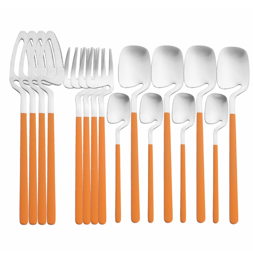 

New 16Pcs Hanging Cutlery Set 304 Stainless Steel Dinnerware Knife Fork Spoon Tableware Kitchen Matte Orange Silver Flatware Set