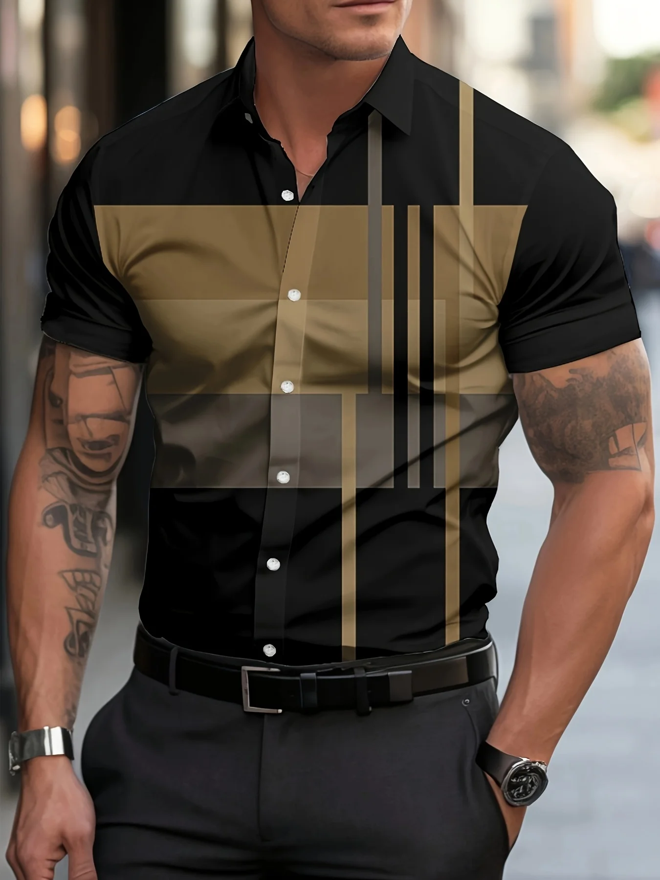 

Мужская стильная черно-синяя рубашка с короткими рукавами с градиентным принтом — дышащая летняя повседневная рубашка обычного кроя на пуговицах для повседневной одежды