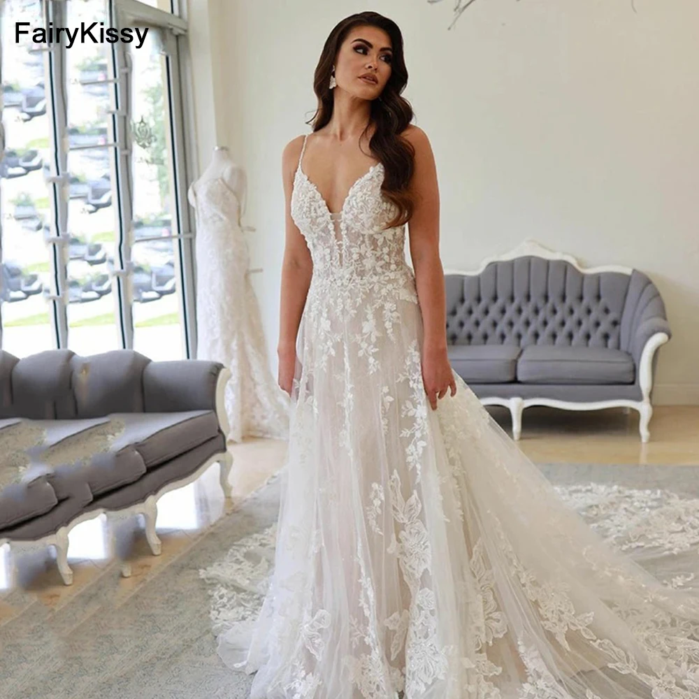 FairyKissy Bohemian Wedding Dresses V-Neck Applique Lace Spaghetti Strap A-Line Beach Princes Wedding Bridal Gown 2024 Plus Size