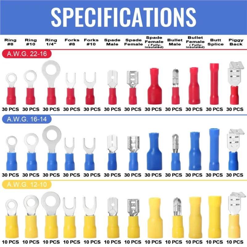 840PCS Electrical Wire Connectors, Insulated Wire Crimp Terminals, Mixed Butt Ring Fork Spade Bullet Quick Disconnect