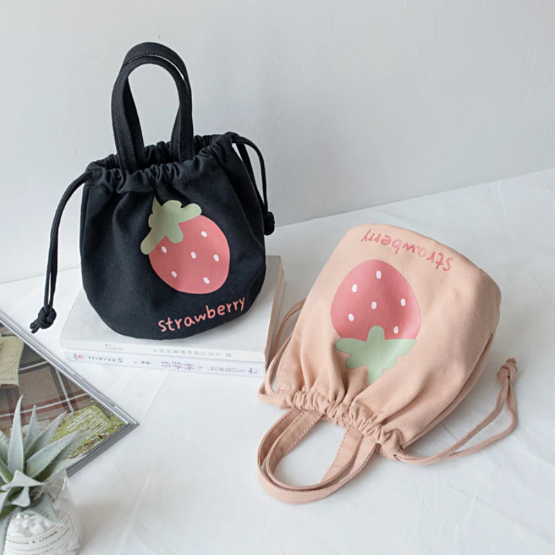 Korean Ins Canvas Drawstring Bucket Bags Cartoon Strawberry Handbag Lunch Bags Students Small Food Bento Cloth Bags Tote Pouch