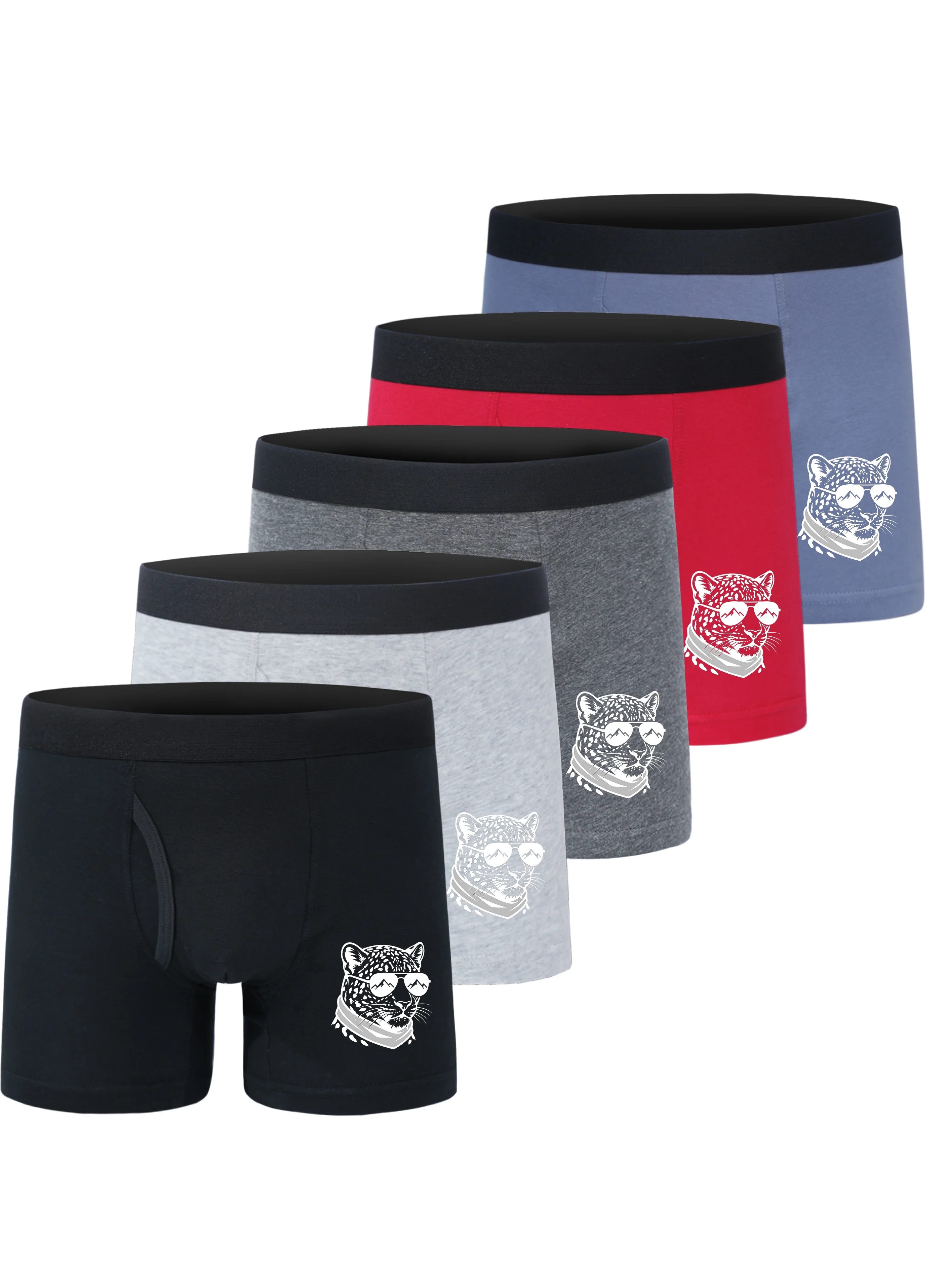 Boys 5-Pack Cotton Boxer Briefs Summer Cool Sunglasses Leopard Head Print Soft Breathable Underwear for Ages 5-15