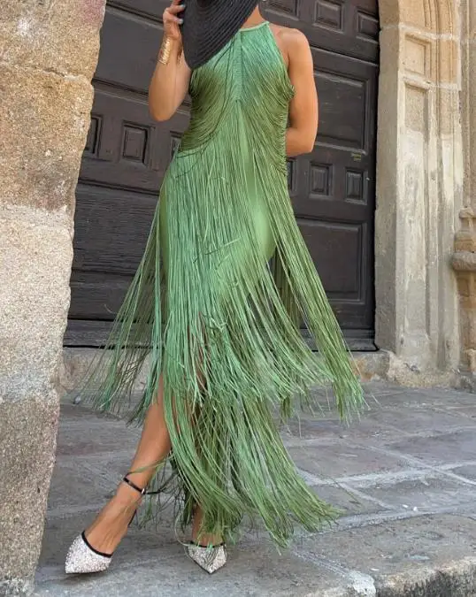 Women Dresses 2026 Spring Summer New Solid Color Temperament Hanging Neck Tassel Design Sleeveless Slim Fit Long Dress