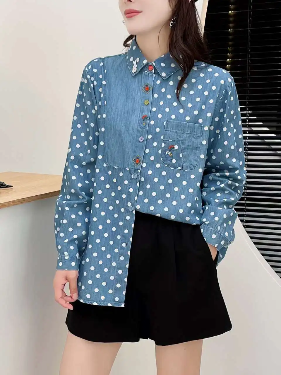 Mori Kei Clothing Japan Style Sweet Chic Polka Dots Patchwork Denim Shirts and Blouses Ladies Office Work Shirts Jean Tops